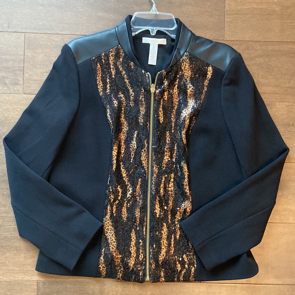 Chico’s Black Semi fitted gold zipper coat with hints of gold & sequins size 12